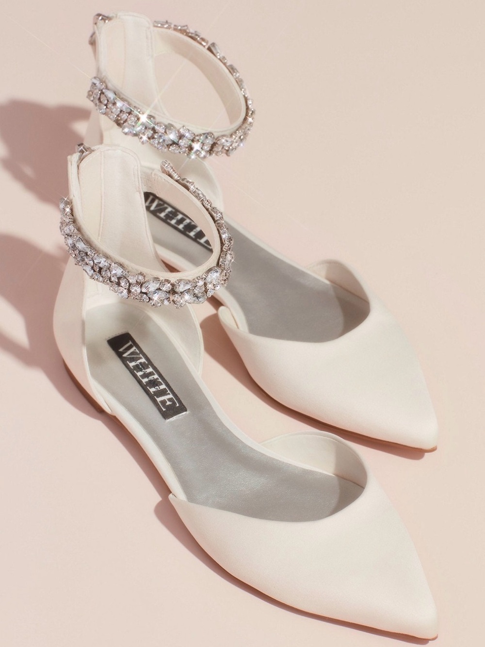 White by Vera Wang Ivory Pointed D'Orsay Flats with Crystal Ankle Straps